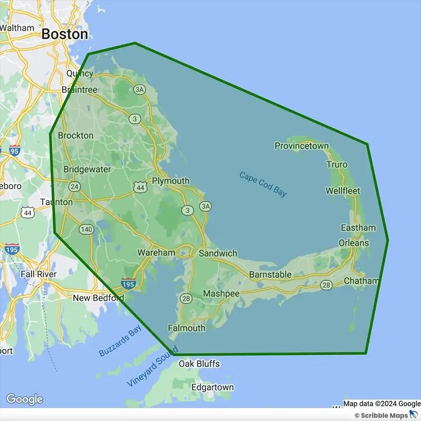 Cape Cod area with marked boundaries